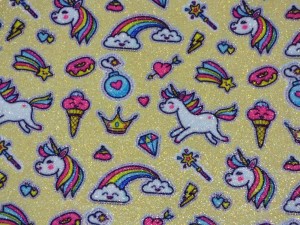 Екошкіра "Єдиноріжки+вечелка+морозиво", ЖОВТА З БЛИСКІТКАМИ, 20*30 см